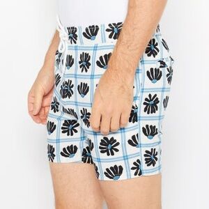 ASOS Black and Blue Patterned Men's Flat Front Shorts Linen Blend Graphic Floral